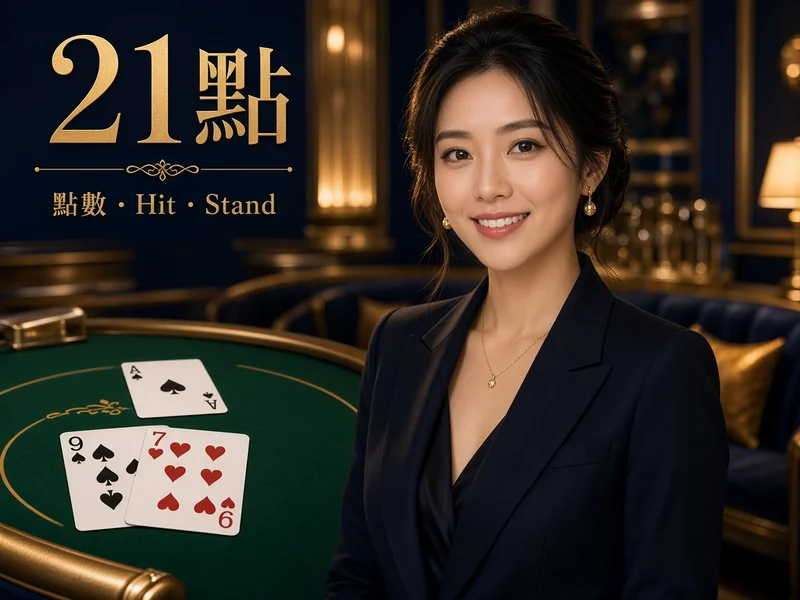 21點牌桌與玩家手牌的教學示意